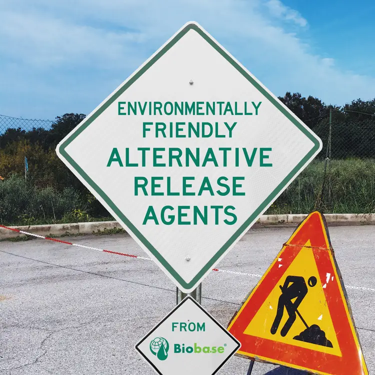 A sign on a pole stating the benefits to the environment when using alternative bio-based asphalt release agents from Biobase Sweden